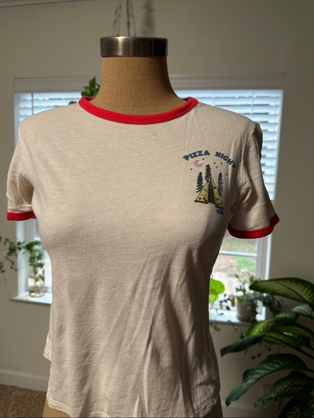 Vans White Ringer Tee with Red Trim and 'Pizza Night' Graphic
